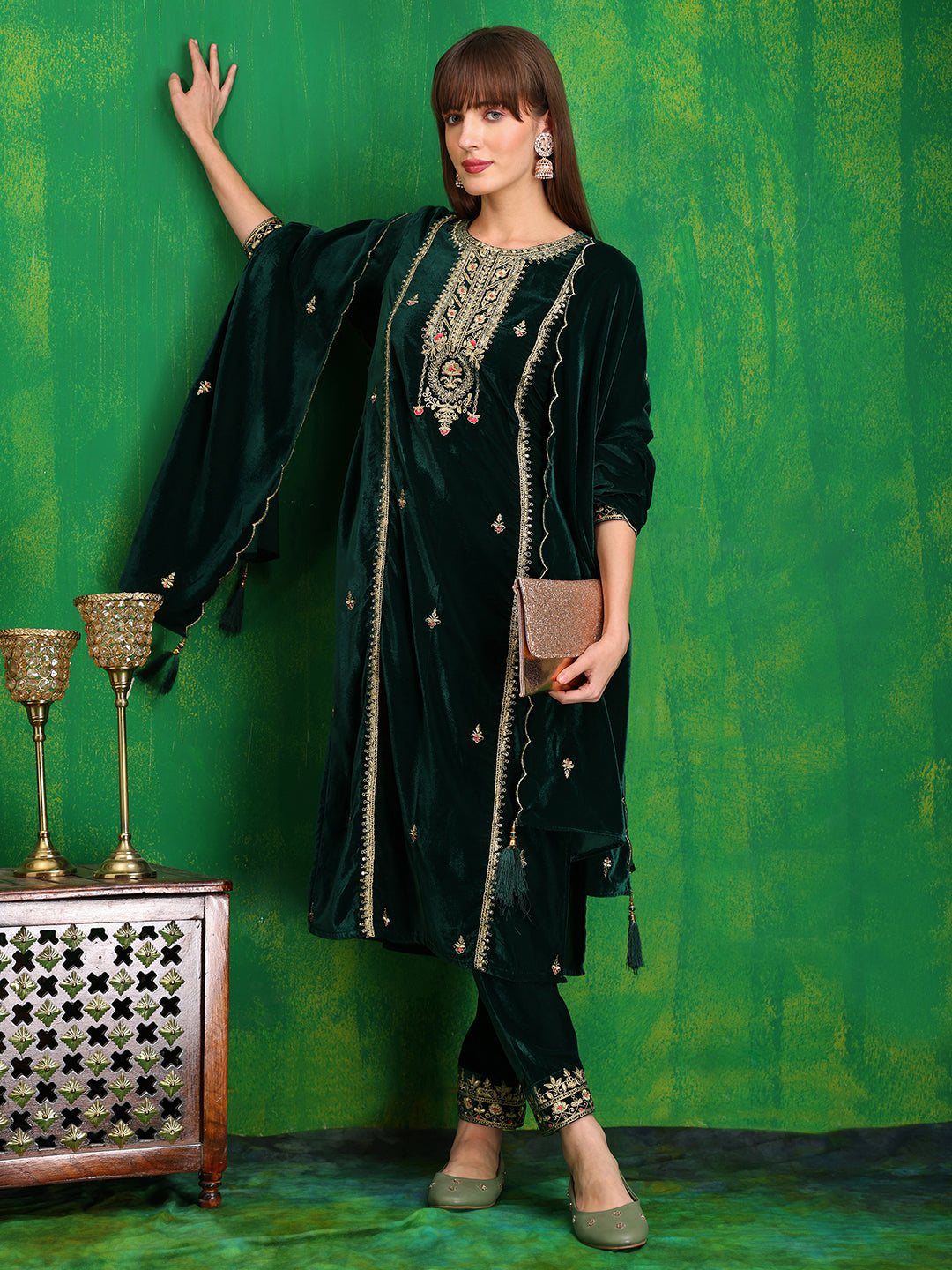 Velvet Kurta Set with Thread & Sequined Embroidery, Bottle-Green