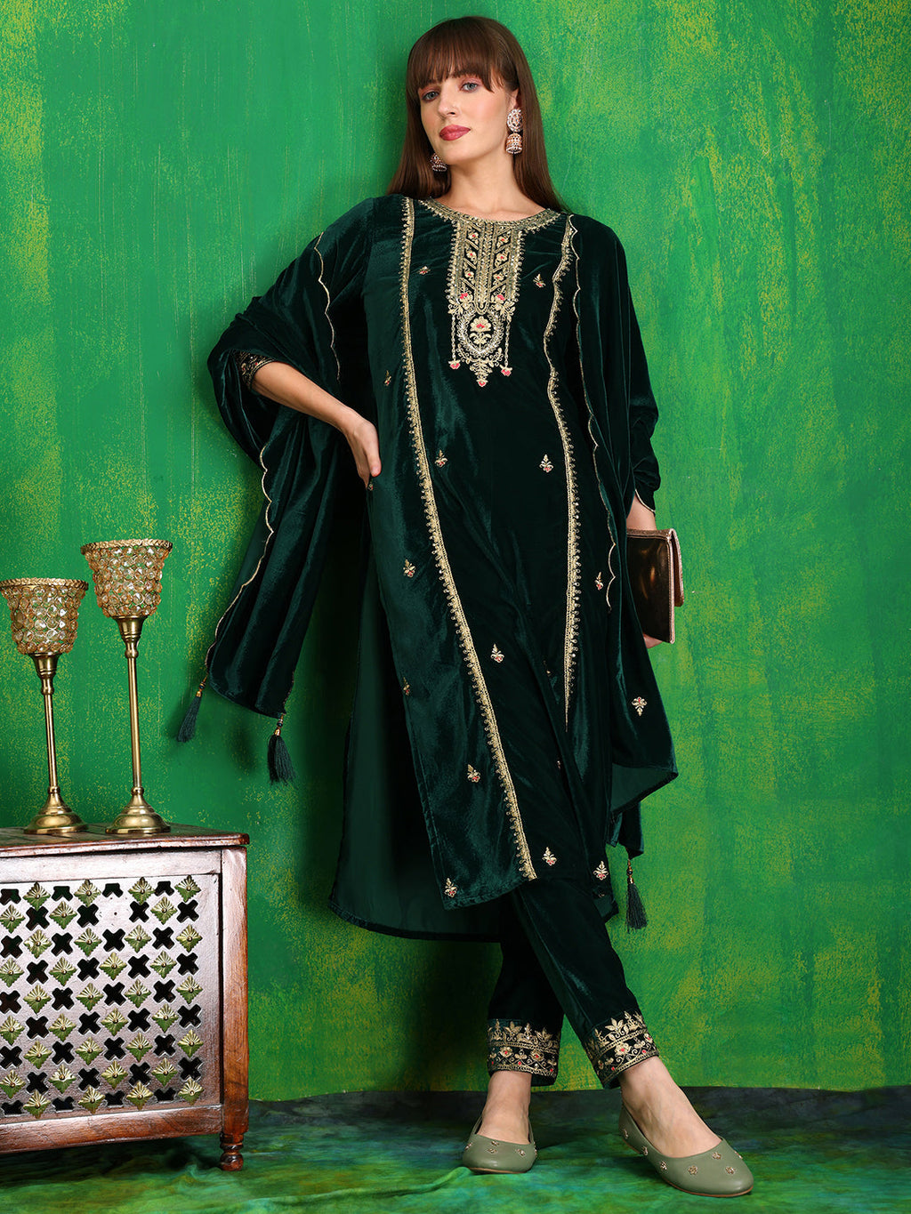 Velvet Kurta Set with Thread & Sequined Embroidery, Bottle-Green