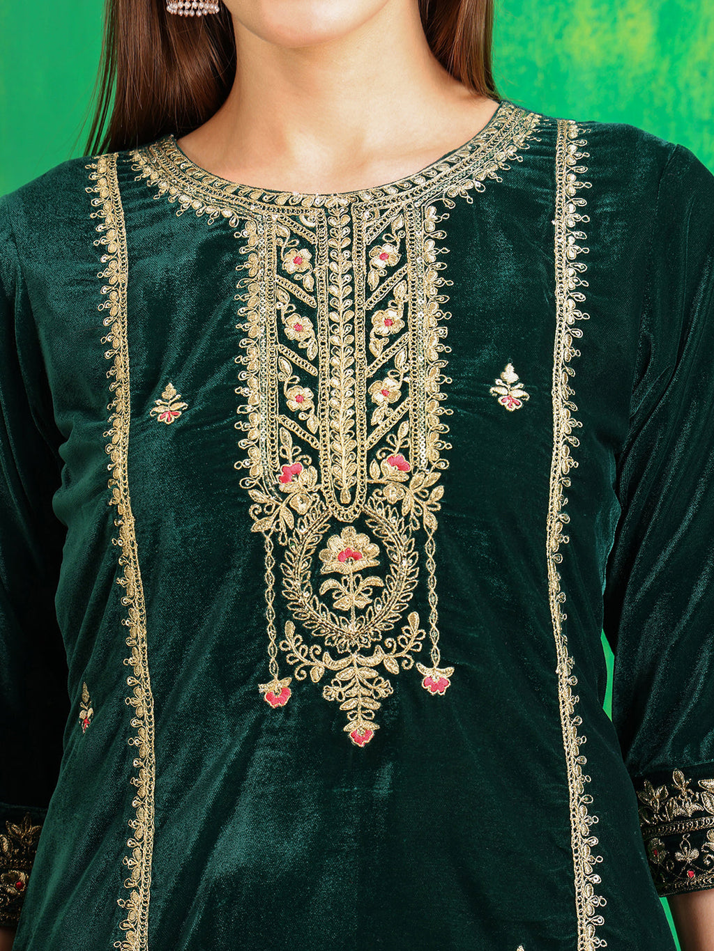 Velvet Kurta Set with Thread & Sequined Embroidery, Bottle-Green