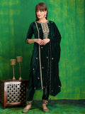 Elegant bottle-green velvet kurta set featuring intricate thread and sequin embroidery.