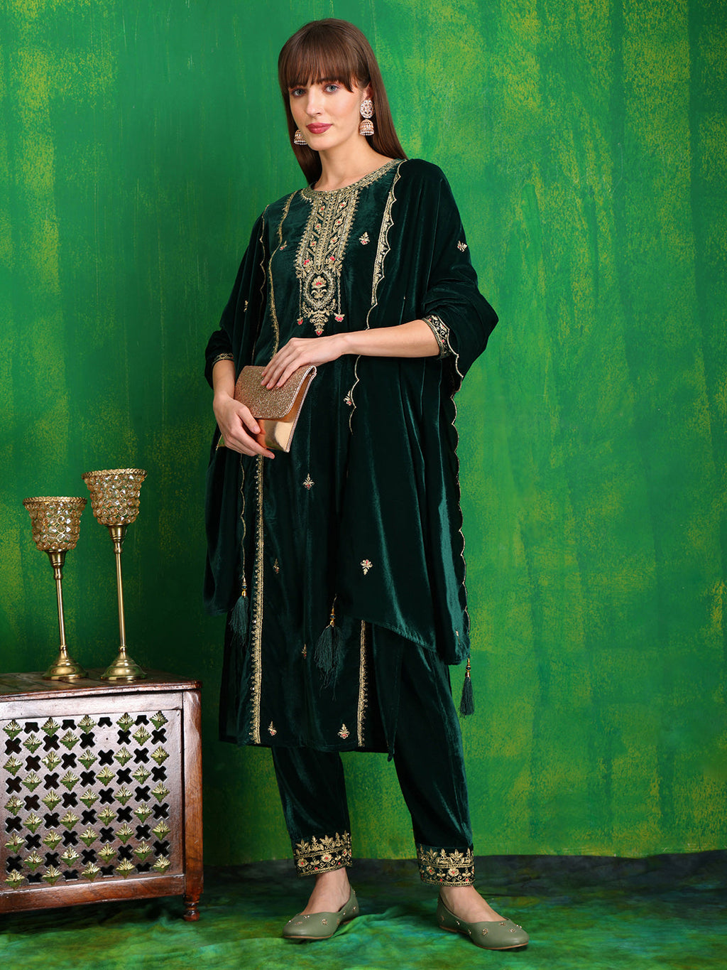 Velvet Kurta Set with Thread & Sequined Embroidery, Bottle-Green