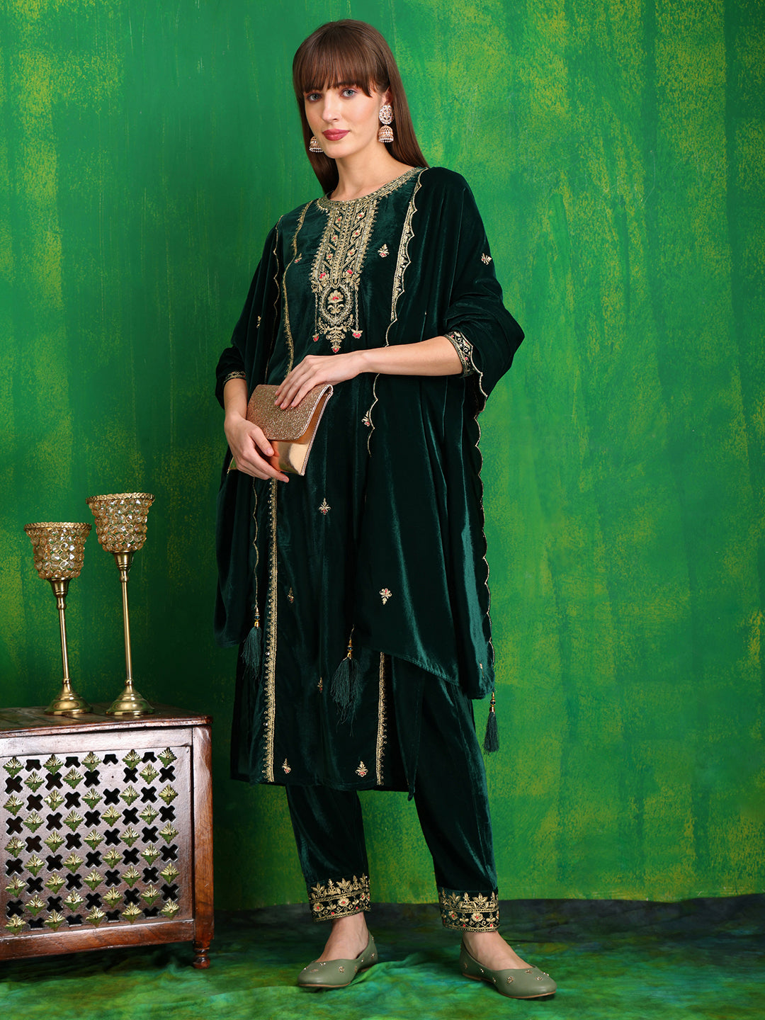 Velvet Kurta Set with Thread & Sequined Embroidery, Bottle-Green