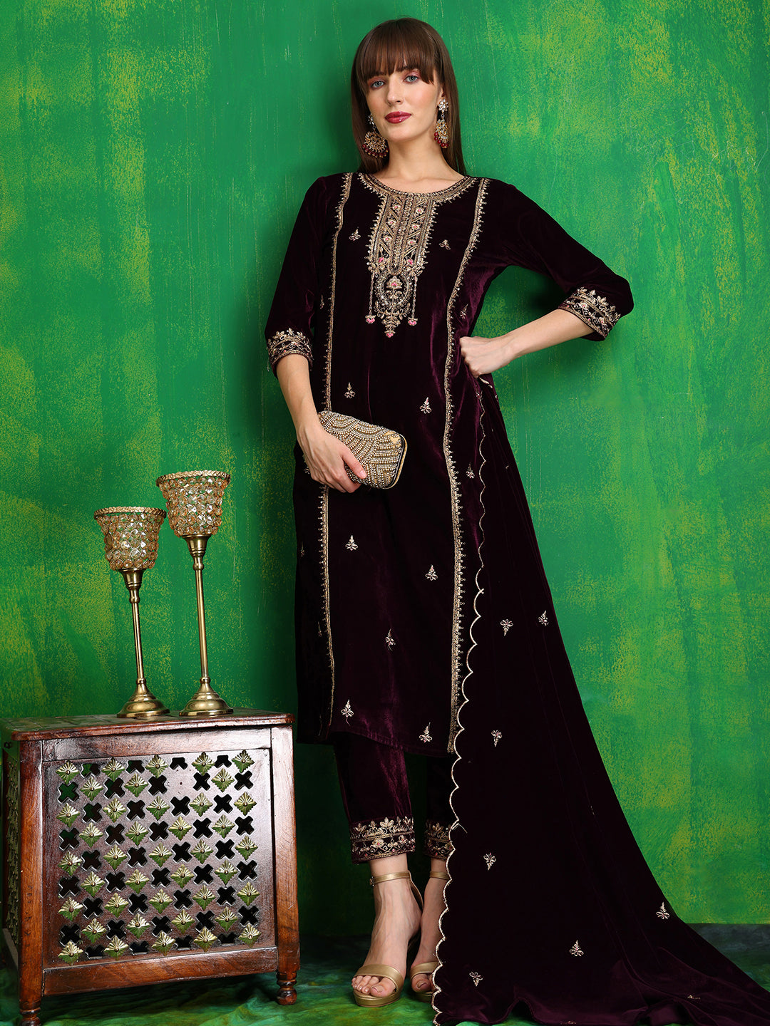 Wine Velvet Thread and Sequined Embroidered Kurta Set