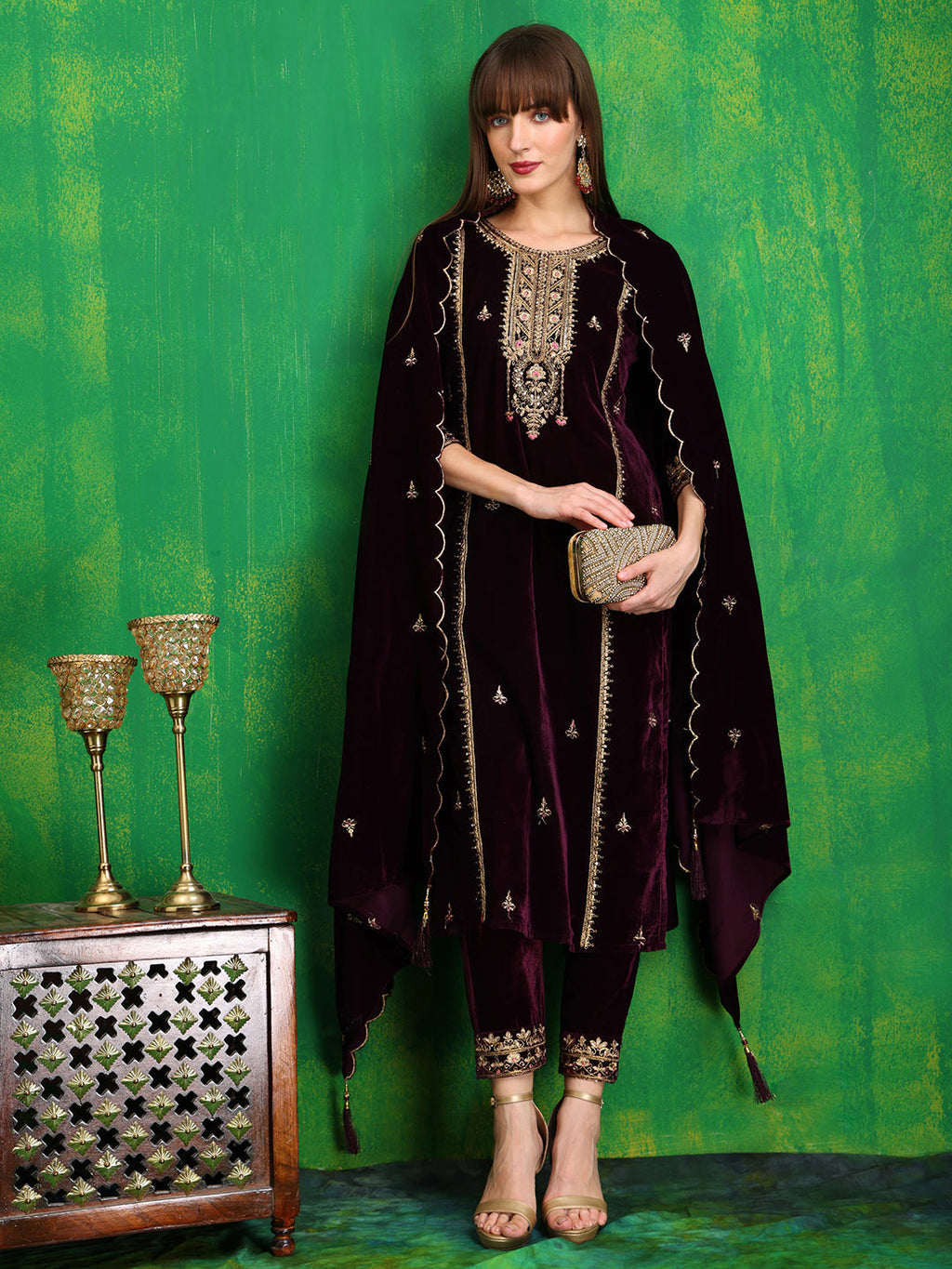 Wine Velvet Thread and Sequined Embroidered Kurta Set