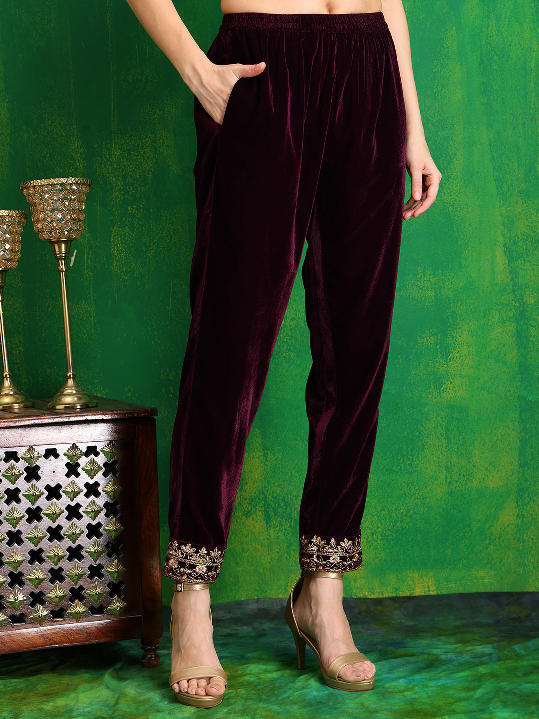 Wine Velvet Thread and Sequined Embroidered Kurta Set