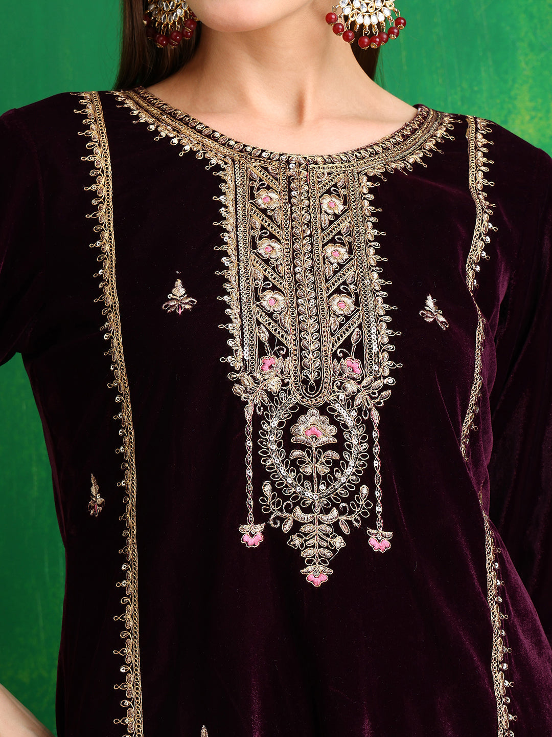 Wine Velvet Thread and Sequined Embroidered Kurta Set