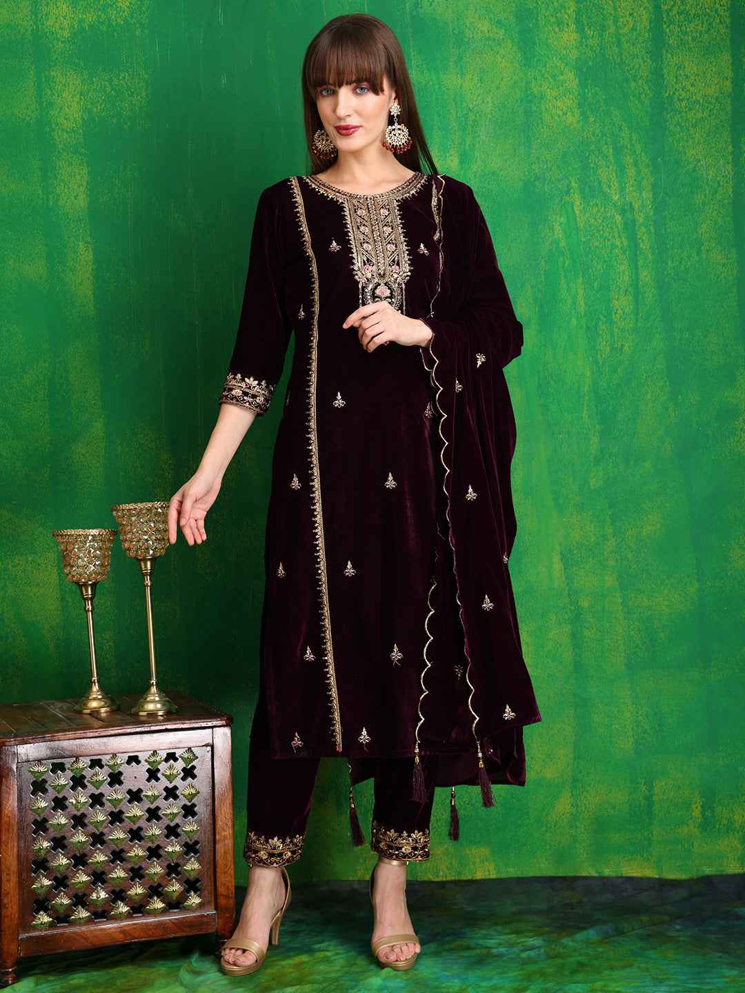 Wine velvet kurta set with sequined embroidery, matching pant and dupatta