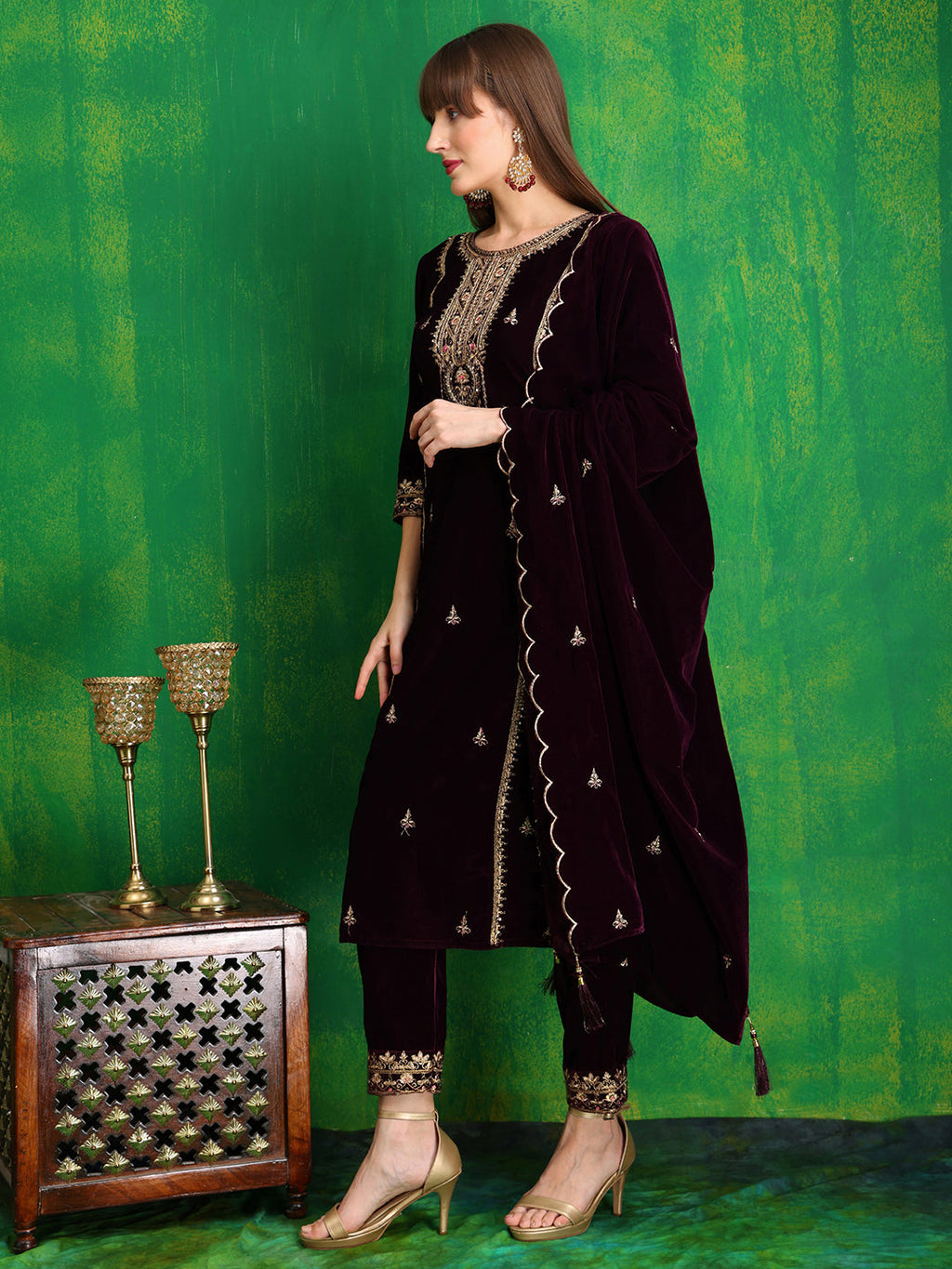 Wine Velvet Thread and Sequined Embroidered Kurta Set