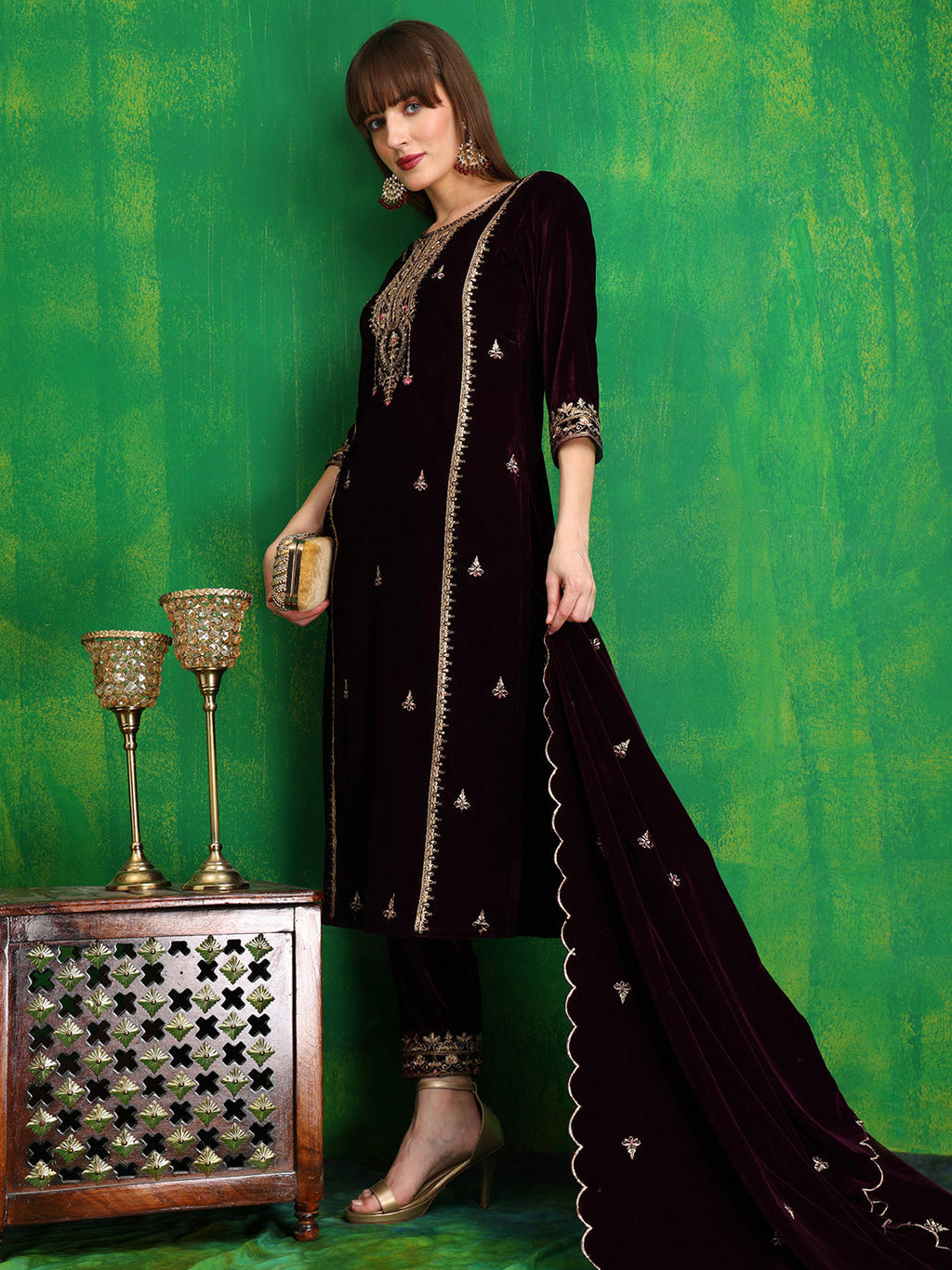 Wine Velvet Thread and Sequined Embroidered Kurta Set
