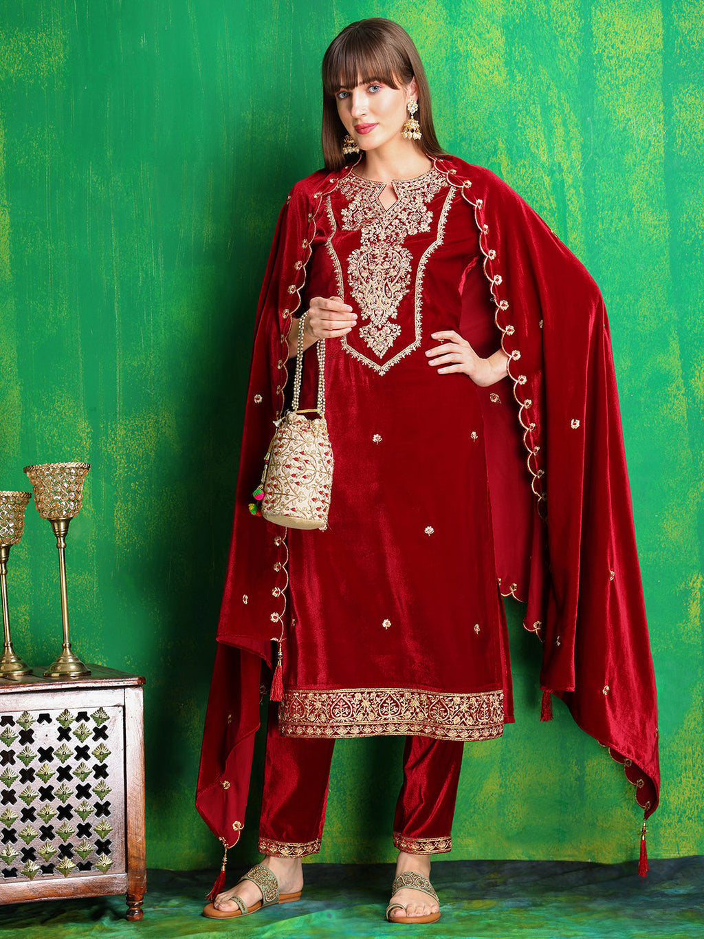 Maroon Velvet Embroidered Kurta Set with Embroidered Dupatta