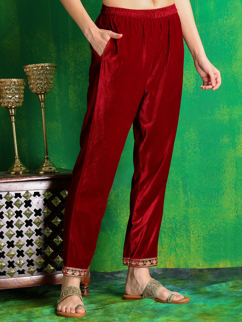 Maroon Velvet Embroidered Kurta Set with Embroidered Dupatta