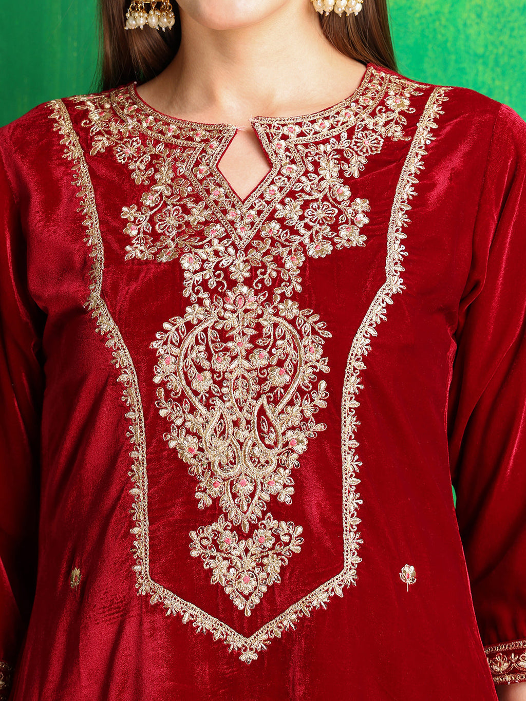 Maroon Velvet Embroidered Kurta Set with Embroidered Dupatta