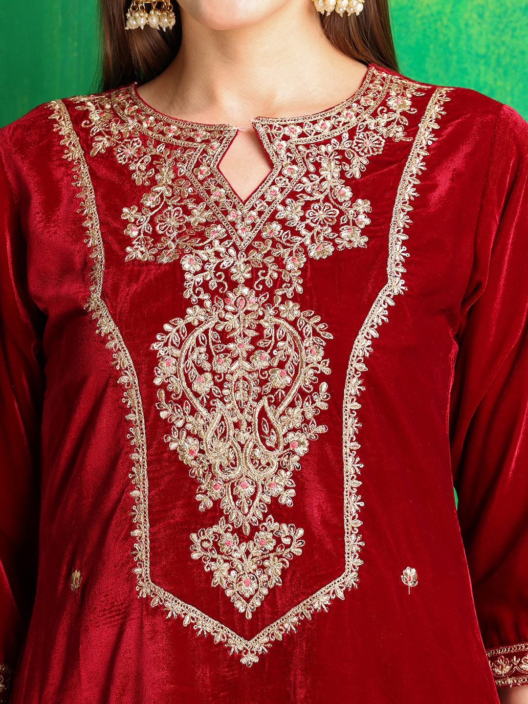 Maroon Velvet Embroidered Kurta Set with Embroidered Dupatta