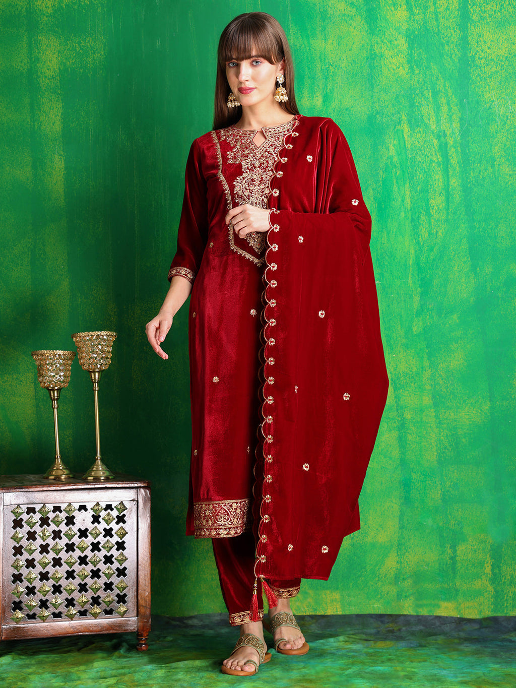 Luxurious maroon velvet kurta set with rich embroidery and matching velvet dupatta