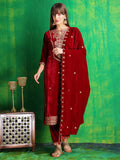 Luxurious maroon velvet kurta set with rich embroidery and matching velvet dupatta