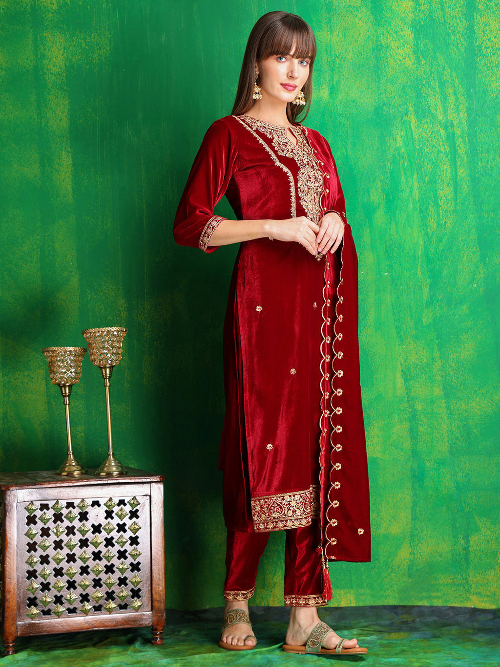 Maroon Velvet Embroidered Kurta Set with Embroidered Dupatta