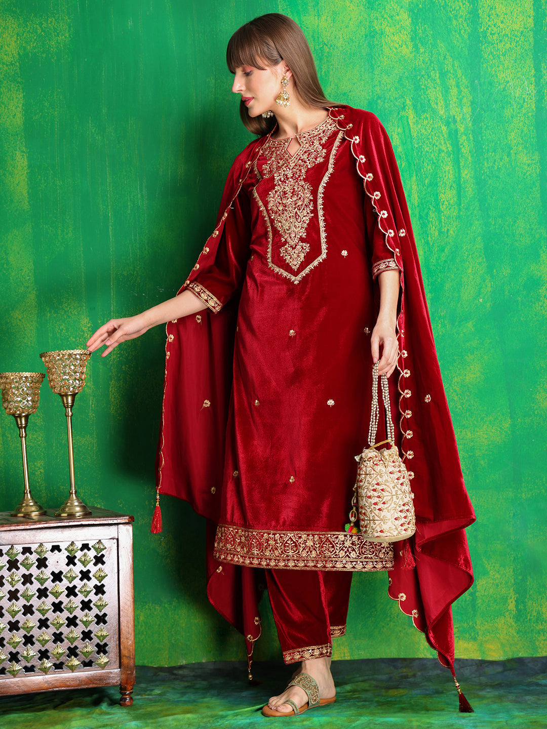 Maroon Velvet Embroidered Kurta Set with Embroidered Dupatta