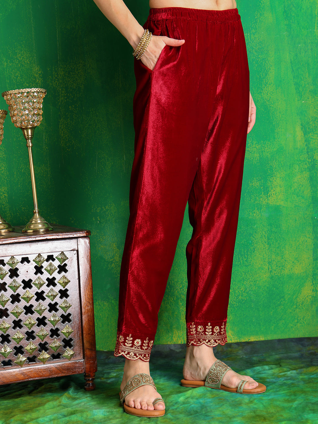 Maroon Velvet Embroidered Kurta Set with Dupatta and Pant