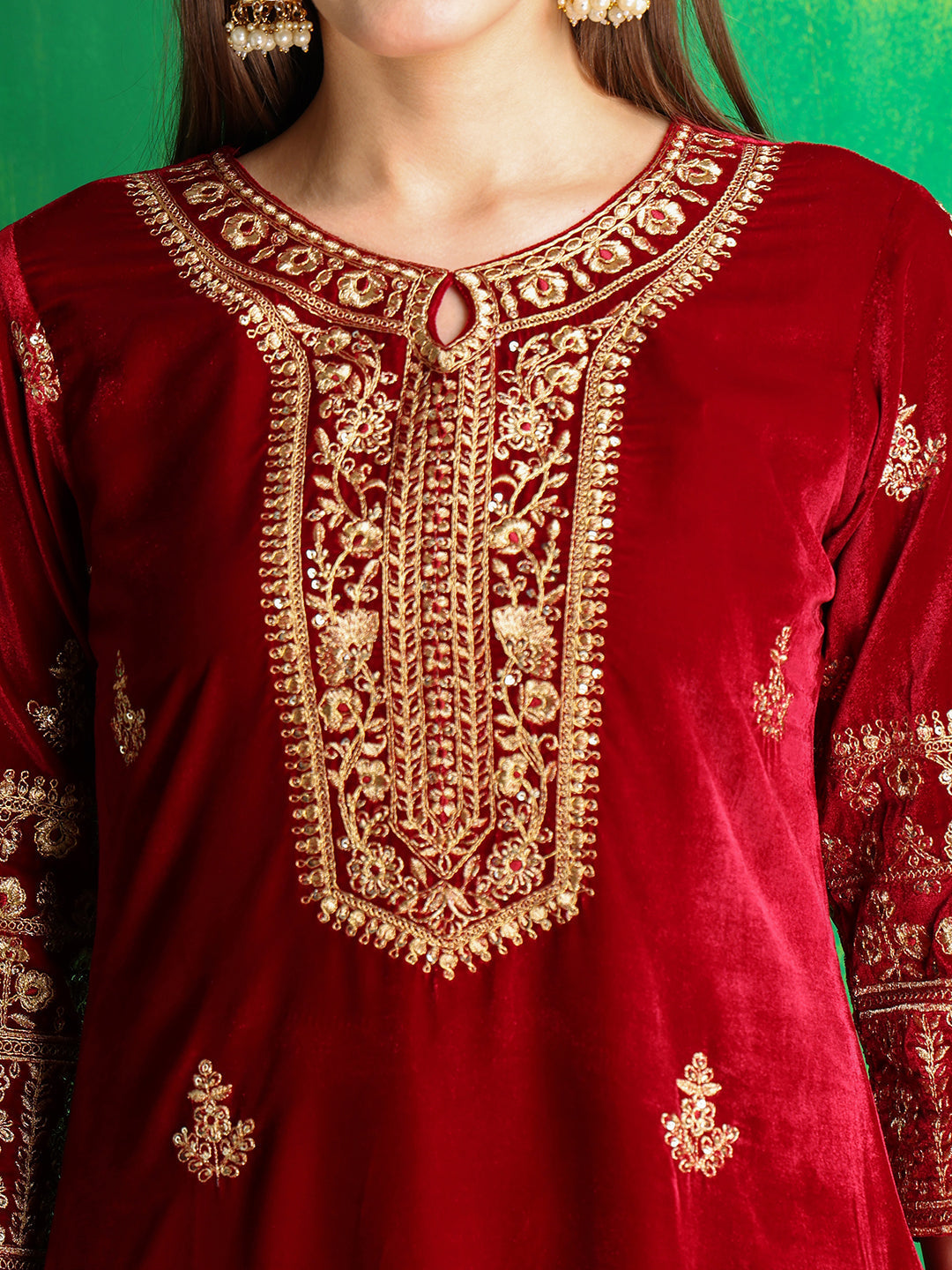 Maroon Velvet Embroidered Kurta Set with Dupatta and Pant