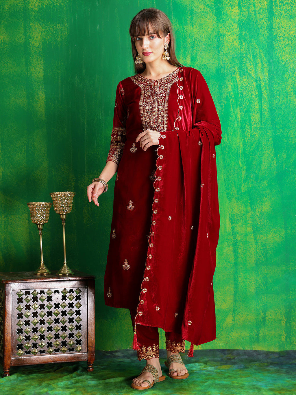 Elegant maroon velvet kurta with intricate thread and sequin embroidery including matching pant and dupatta