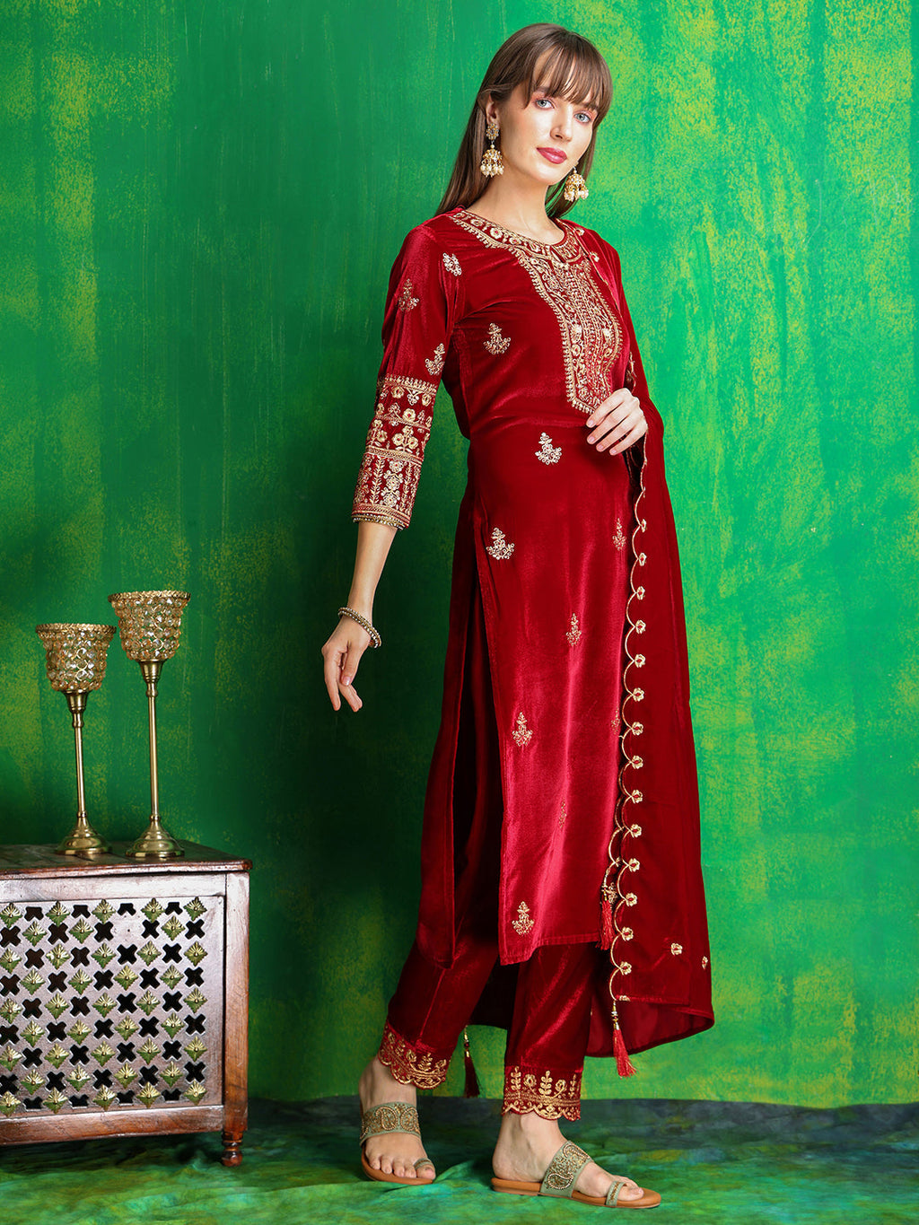 Maroon Velvet Embroidered Kurta Set with Dupatta and Pant