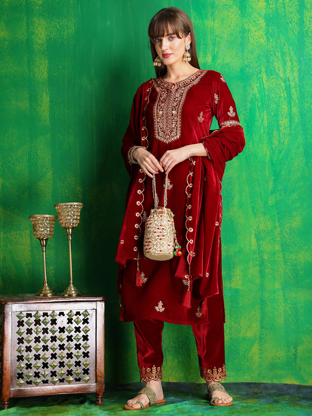 Maroon Velvet Embroidered Kurta Set with Dupatta and Pant