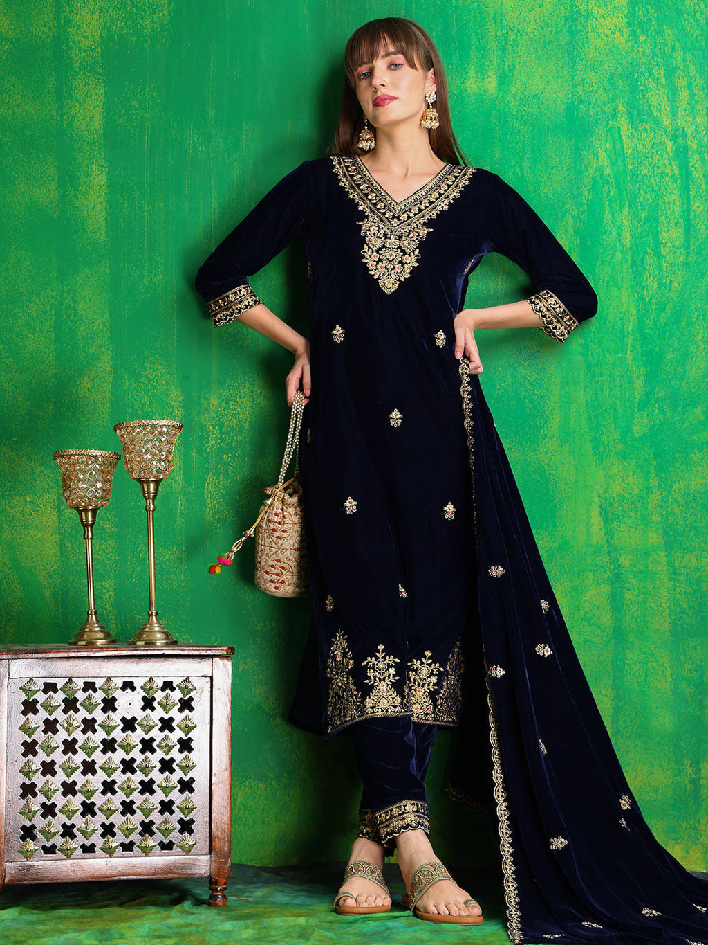 Navy Blue Velvet Embroidered Kurta Set with Dupatta