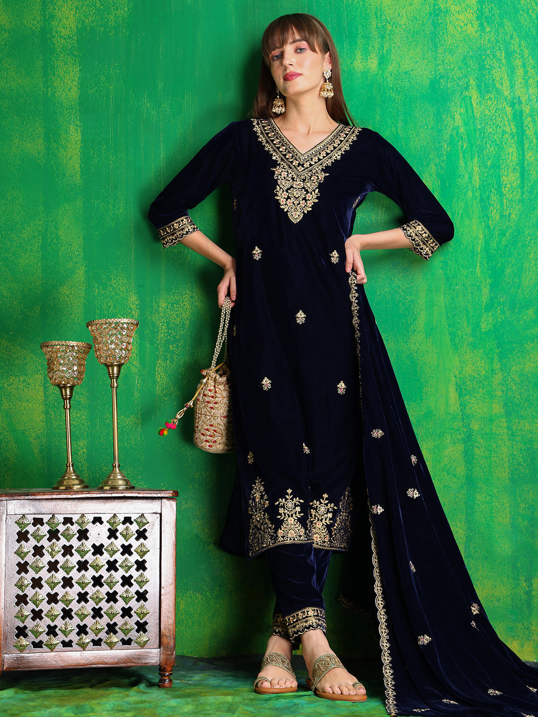 Navy Blue Velvet Embroidered Kurta Set with Dupatta