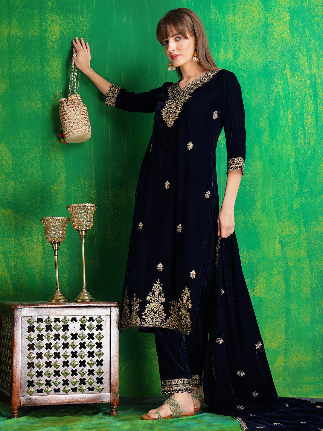 Navy Blue Velvet Embroidered Kurta Set with Dupatta