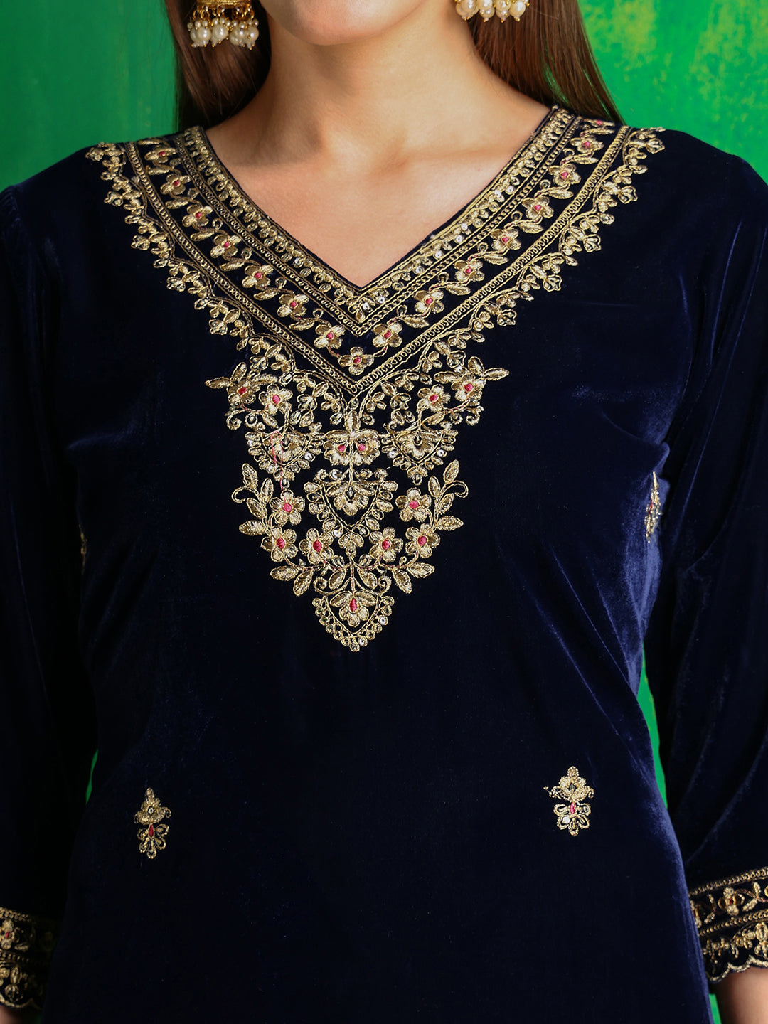 Navy Blue Velvet Embroidered Kurta Set with Dupatta
