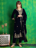 Navy Blue velvet kurta with intricate embroidery paired with matching pants and a velvet dupatta.