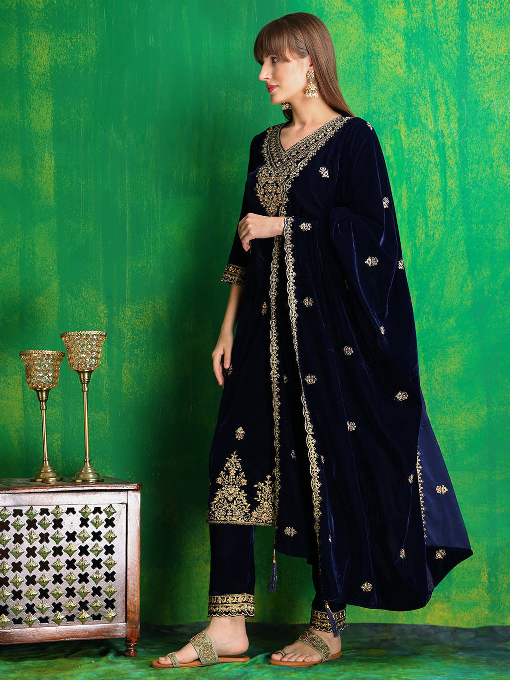 Navy Blue Velvet Embroidered Kurta Set with Dupatta