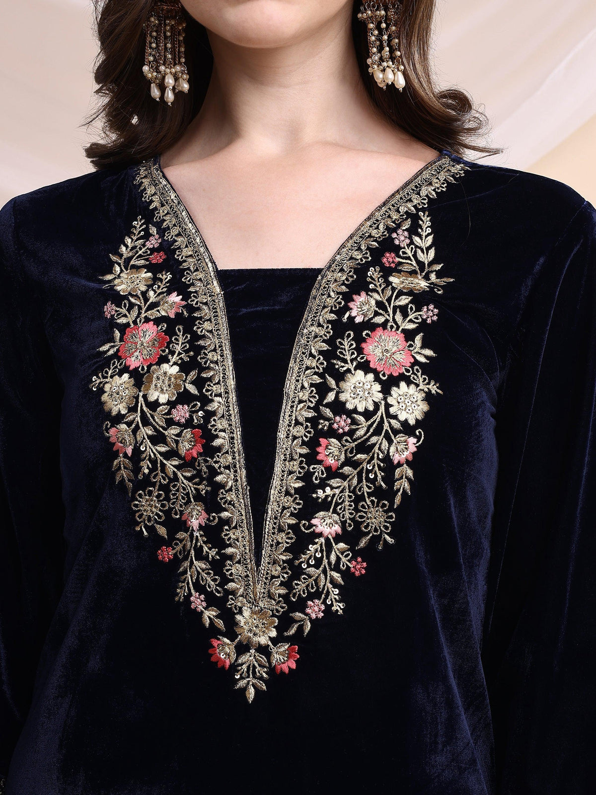 Navy Blue Embroidered Velvet Tunic and Pant Co-Ord Set