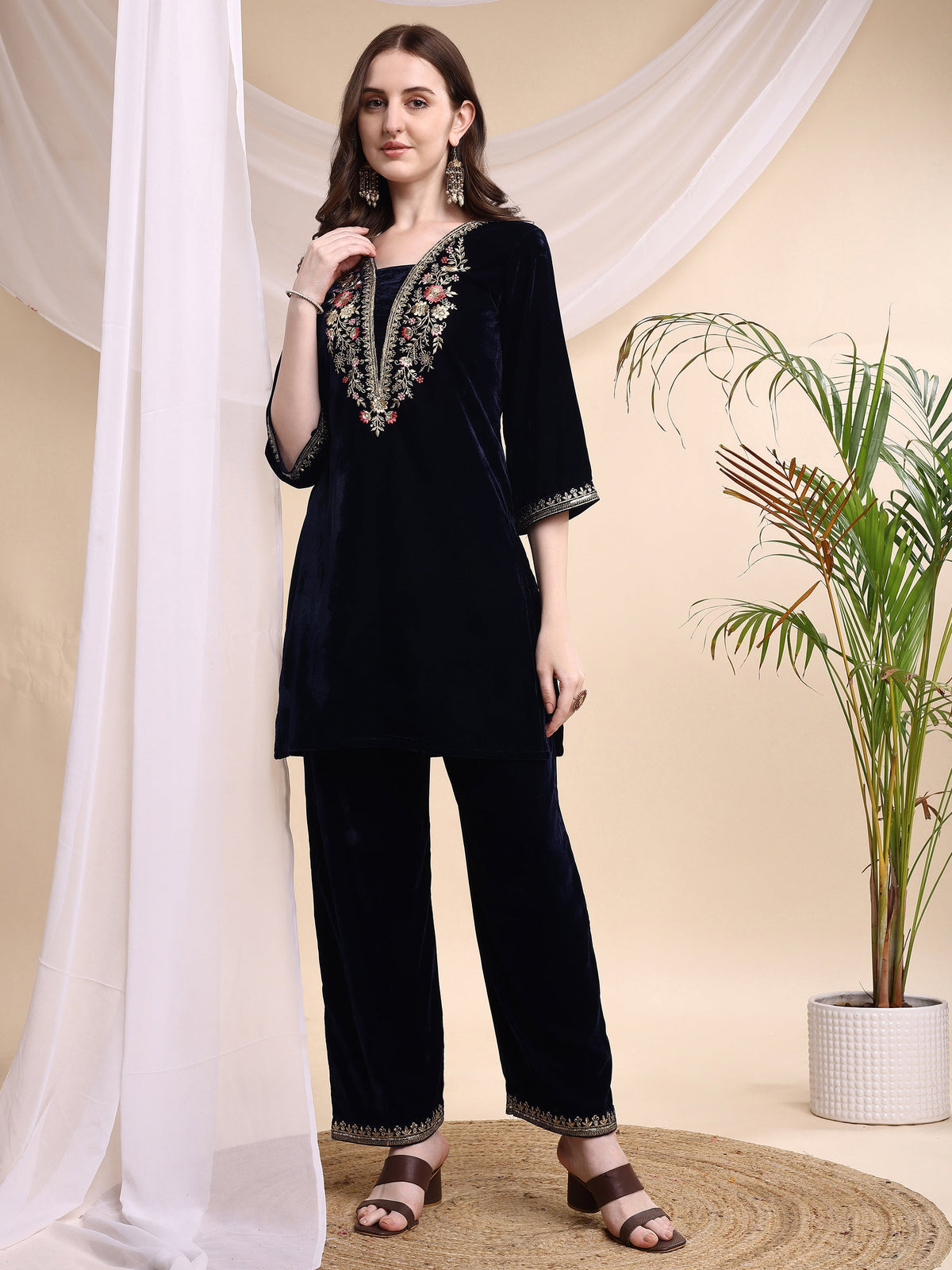Navy Blue Embroidered Velvet Tunic and Pant Co-Ord Set