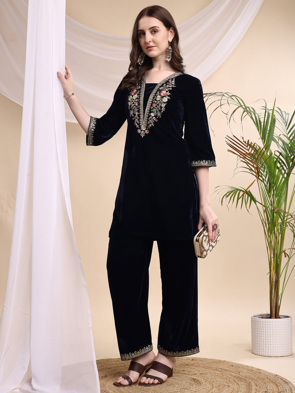 Navy blue embroidered velvet tunic and pant co-ord set with V-neck and 3/4th sleeves