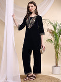Navy blue embroidered velvet tunic and pant co-ord set with V-neck and 3/4th sleeves