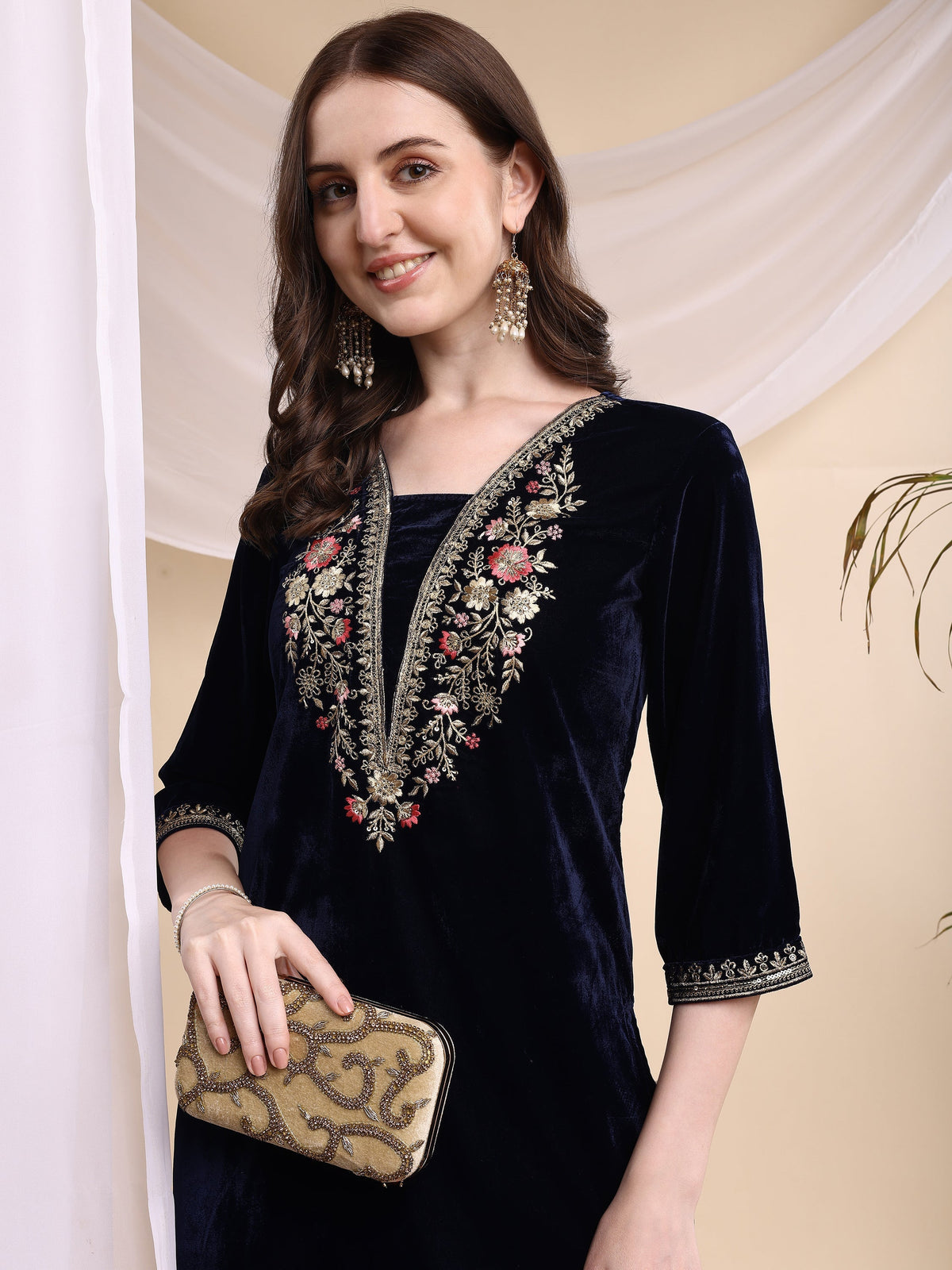 Navy Blue Embroidered Velvet Tunic and Pant Co-Ord Set