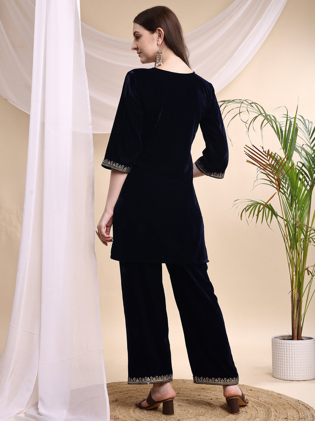 Navy Blue Embroidered Velvet Tunic and Pant Co-Ord Set