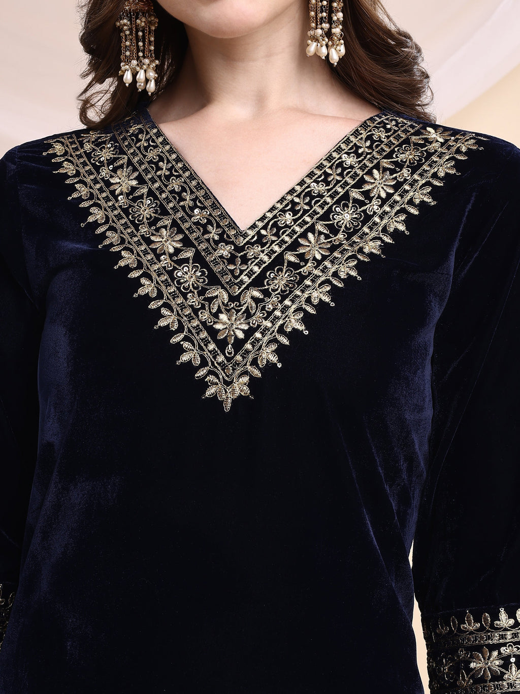 Navy Blue Embroidered Velvet Tunic and Pant Co-Ord Set