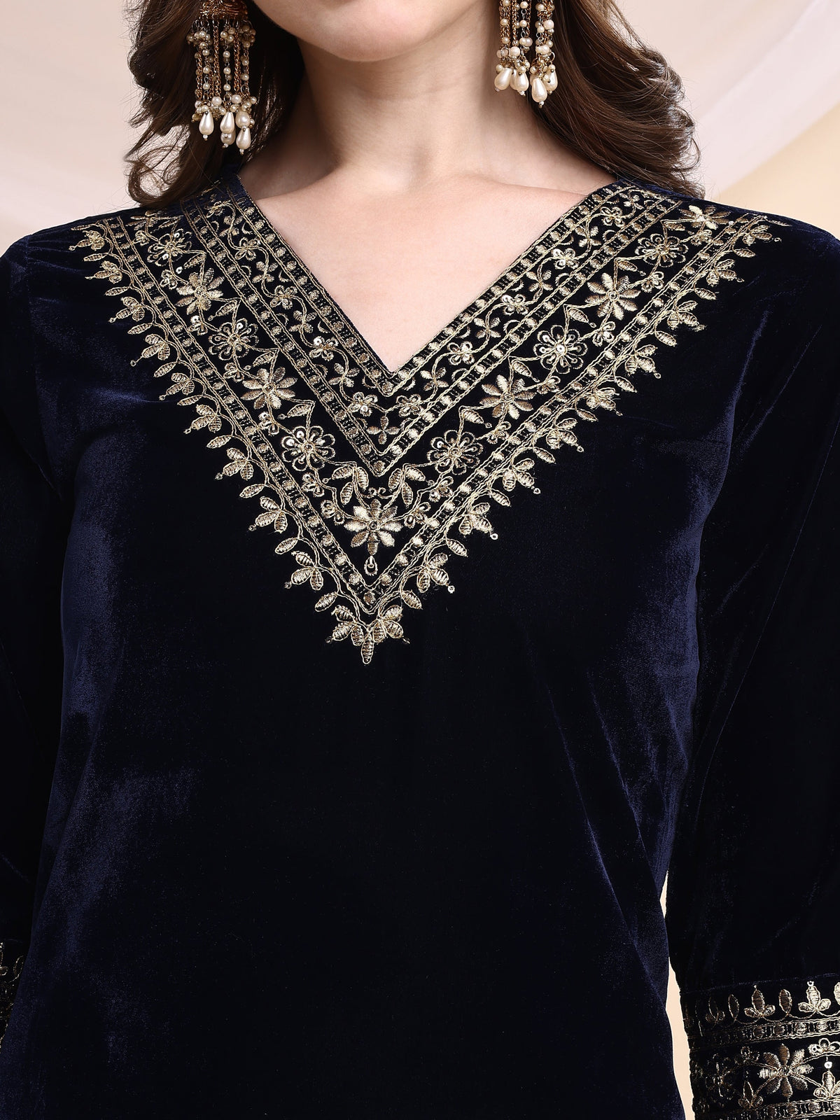 Navy Blue Embroidered Velvet Tunic and Pant Co-Ord Set