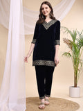 Navy blue embroidered velvet tunic and pant co-ord set with V-neck and 3/4th sleeves