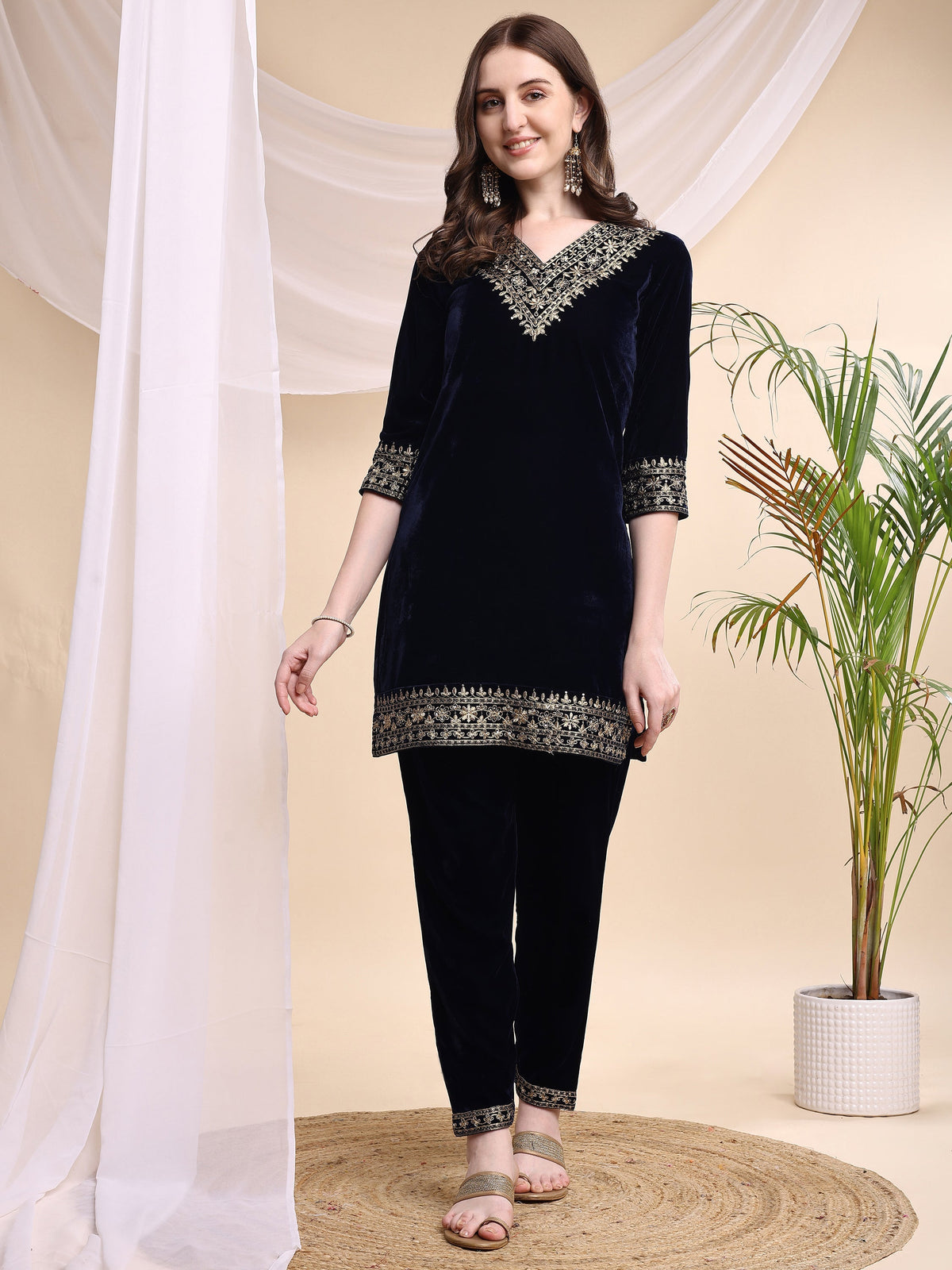 Navy blue embroidered velvet tunic and pant co-ord set with V-neck and 3/4th sleeves