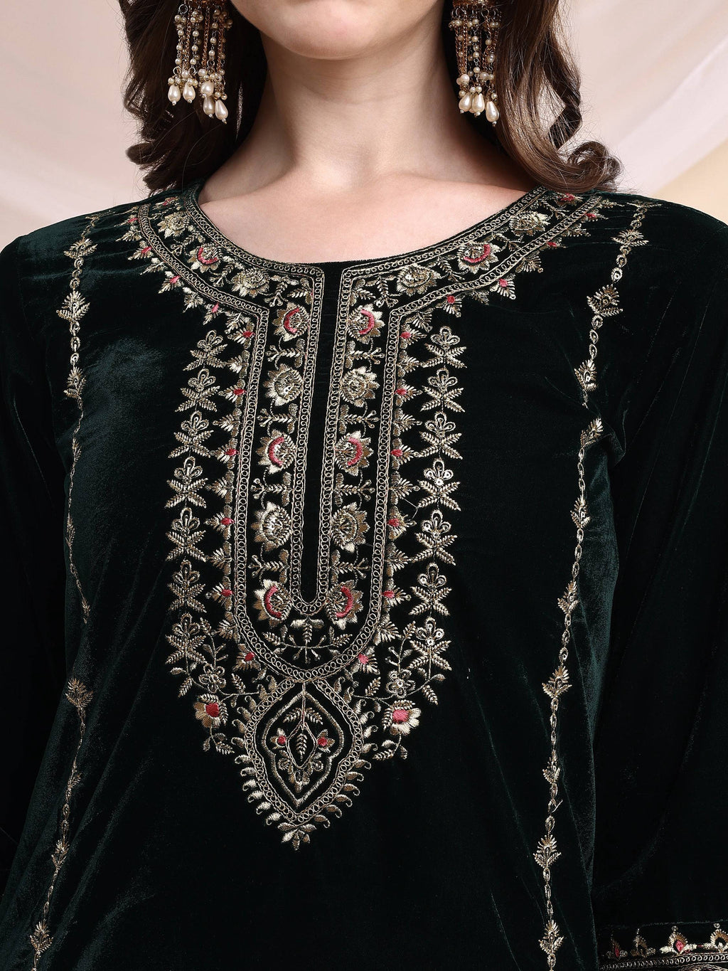 Bottle-Green Velvet Embroidered Tunic and Pant Co-Ord Set