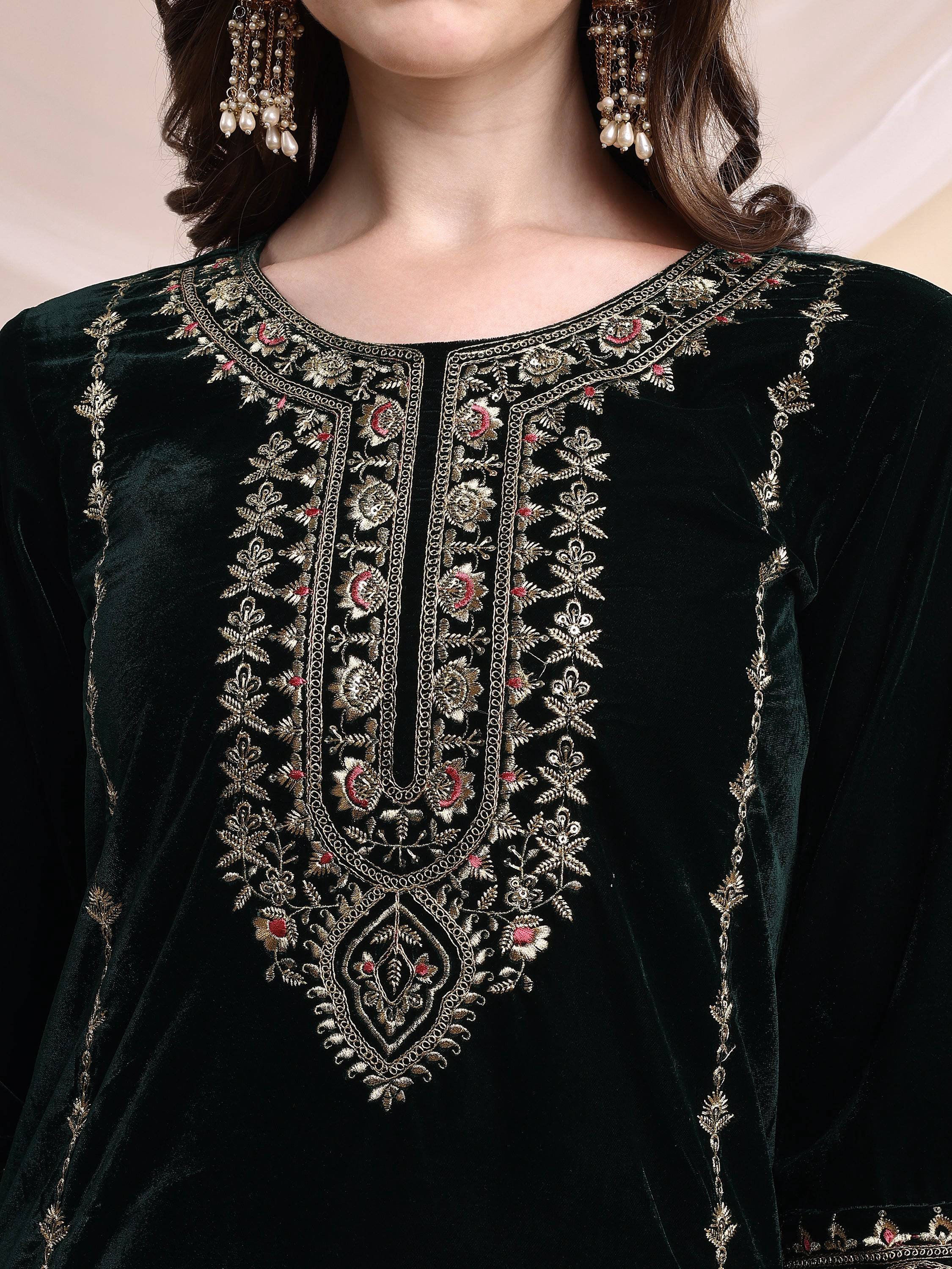 Bottle-Green Velvet Embroidered Tunic and Pant Co-Ord Set