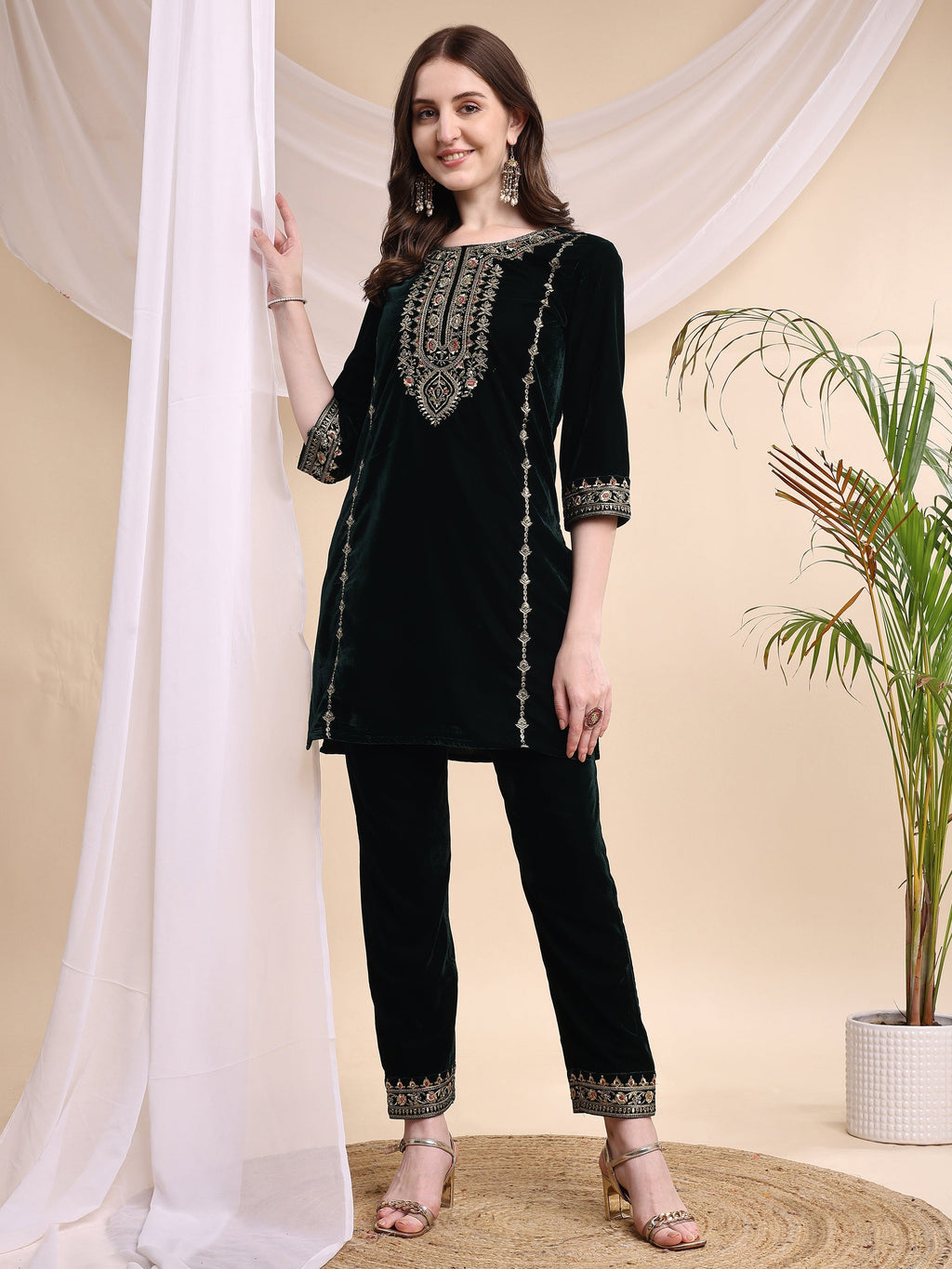 Bottle-Green velvet embroidered V-neck tunic and matching pant co-ord set.