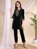 Bottle-Green velvet embroidered V-neck tunic and matching pant co-ord set.