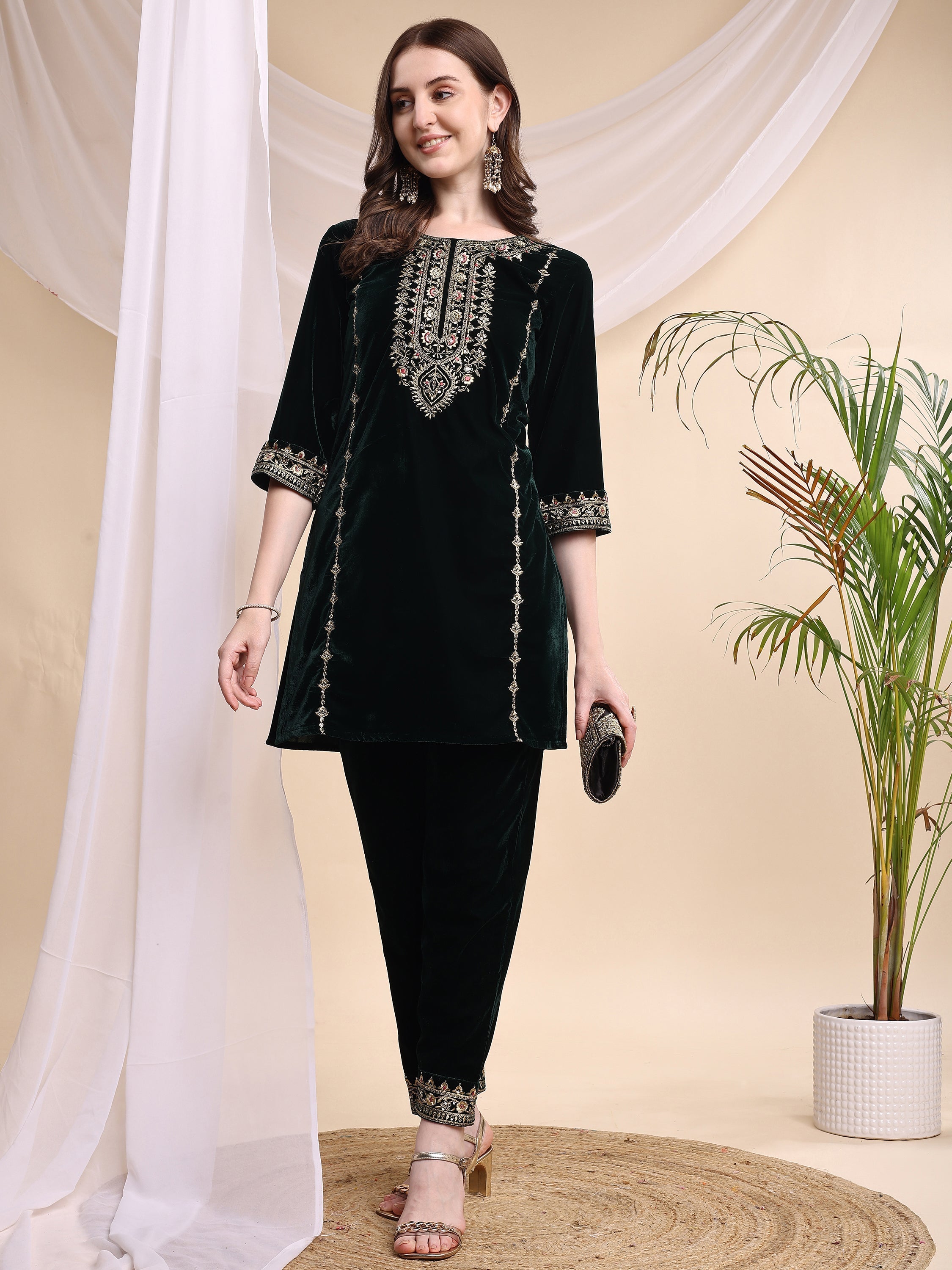 Bottle-Green Velvet Embroidered Tunic and Pant Co-Ord Set