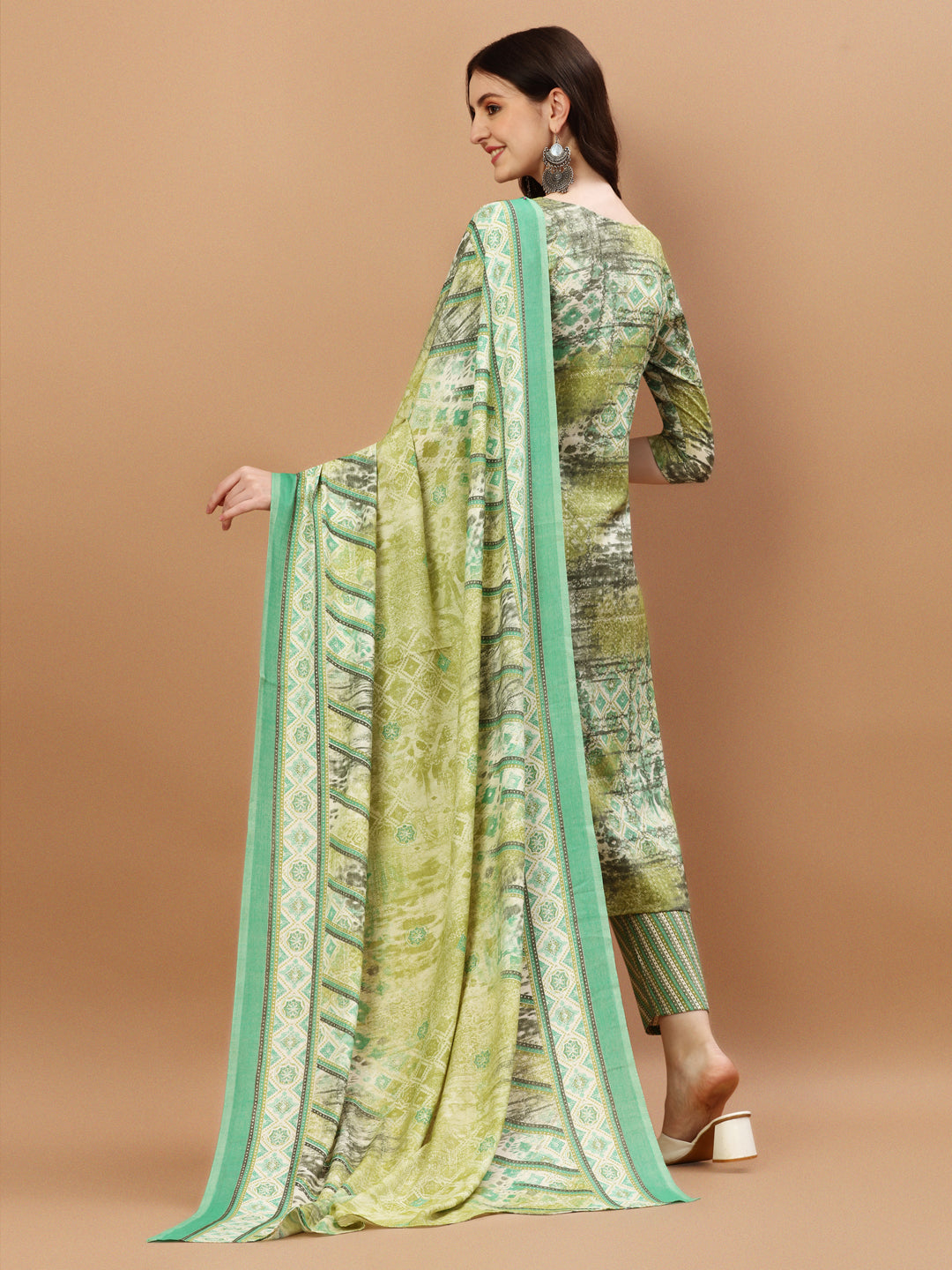 Multicolor Printed Cotton Kurta Pant & Dupatta Set for Women