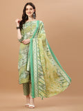 Multicolor printed rayon kurta with matching pant and dupatta set, 3/4th sleeves.