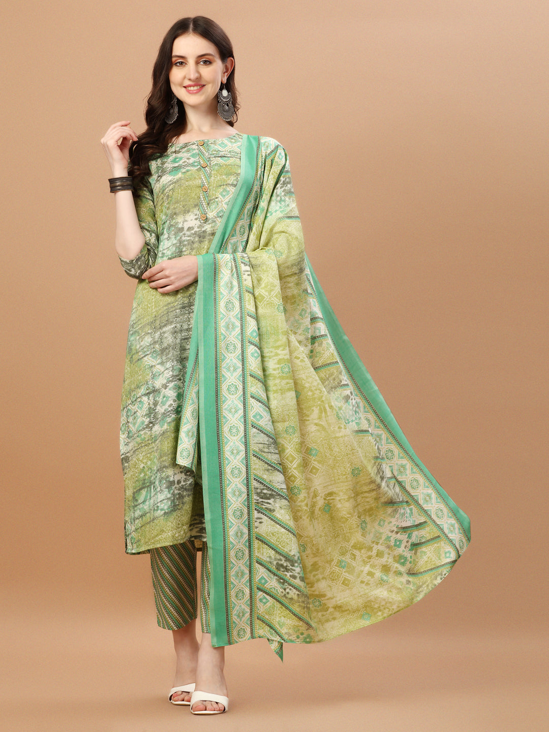 Multicolor printed rayon kurta with matching pant and dupatta set, 3/4th sleeves.